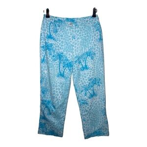 LILLY PULITZER Women 4 Tropical Cotton Poplin Capri Pants White Blue Palm Beach